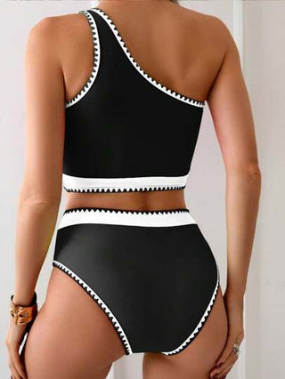 طقم تانكيني حريمي Swim Basics بيكيني ذو كتف واحد بتصميم ملابس السباحة عالية الخصر ذو ألوان متباينة 2 قطعة