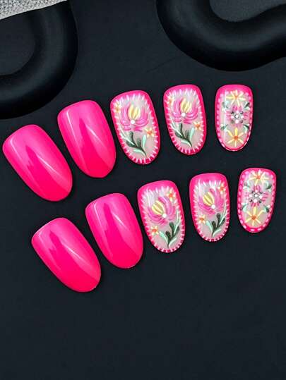 24 قطعة أظافر صناعية كحليزيه وبراقة ذات نمط زهور ملون متعدد الألوان للربيع والصيف، بطراز حلو وطازج، مع غراء هلامي ومنشار أظافر، تغطية كاملة لأظافر أصابع القدم، إكسسوارات أظافر تجارة أجنبية ذات طراز أوروبي وأمريكي