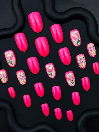 24 قطعة أظافر صناعية كحليزيه وبراقة ذات نمط زهور ملون متعدد الألوان للربيع والصيف، بطراز حلو وطازج، مع غراء هلامي ومنشار أظافر، تغطية كاملة لأظافر أصابع القدم، إكسسوارات أظافر تجارة أجنبية ذات طراز أوروبي وأمريكي