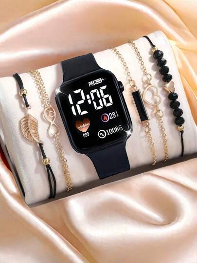 6 قطع/مجموعة 1 ساعة إلكترونية مربعة رقمية بإضاءة LED + 5 أساور ، أساور من خيط أسود وخرزات سوداء بأشكال قلب وورقة ، وأساور أشكال هندسية مربعة سوداء عتيقة ، أساور مجموعة 5 قطع بأشكال ثمانية وقلب ومربع هندسي وورقة