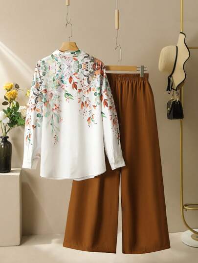 Lacomfia بدلة كاجوال للنساء مقاس كبير تتكون من قميص طويل الأكمام مطبوع بطباعة مخصصة وسروال واسع الساق