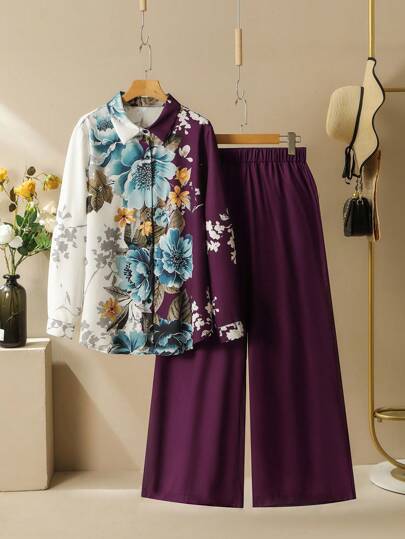 Lacomfia مجموعة توب كم طويل بطبعة أزهار رجعية فاخرة وبنطلون واسع الساق للنساء، موديل كاجوال وبمقاسات كبيرة