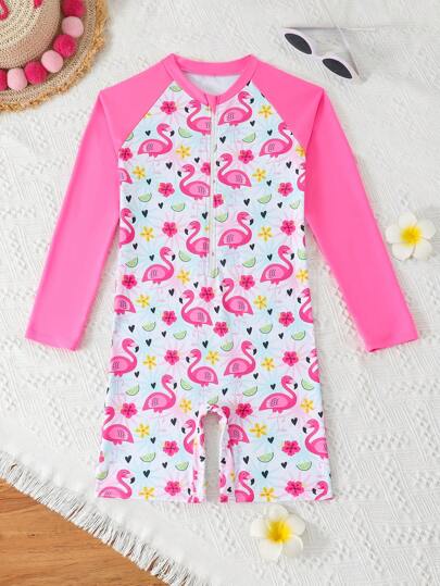 قطعة واحدة بدلة سباحة بأكمام طويلة مطبوعة برسمة البطريق الجميلة للبنات الصغيرات