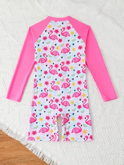 قطعة واحدة بدلة سباحة بأكمام طويلة مطبوعة برسمة البطريق الجميلة للبنات الصغيرات