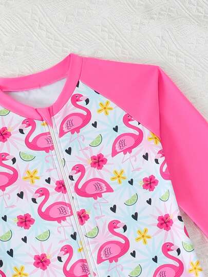 قطعة واحدة بدلة سباحة بأكمام طويلة مطبوعة برسمة البطريق الجميلة للبنات الصغيرات