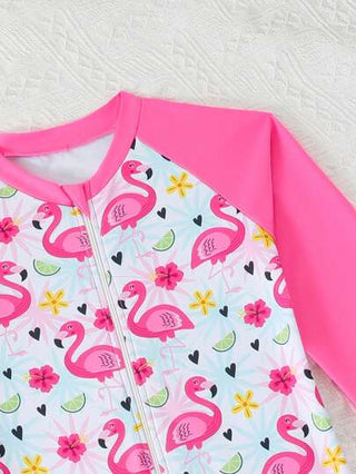 قطعة واحدة بدلة سباحة بأكمام طويلة مطبوعة برسمة البطريق الجميلة للبنات الصغيرات