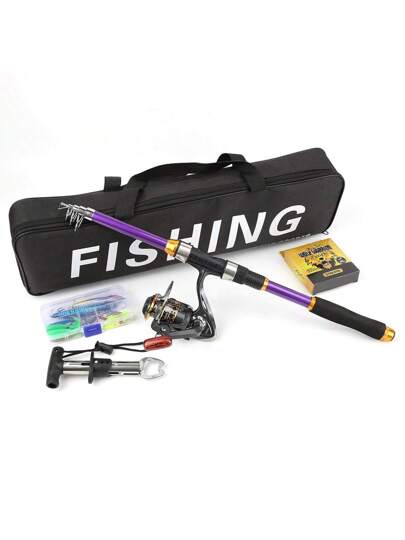 طقم قصبة الصيد الألياف - بكرة صيد من المعدن الأسود والذهبي، جسم القصبة مطلي بطلاء بنفسجي لامع، مقترنة ببكرة دوارة معدنية سوداء وذهبية، نظام تروس دقيق للتحرير السلس للخيط، طول القصبة 2.1م/2.4م/2.7م/3م/3.6م، يشمل الطقم غطاء لحقيبة القصبة واكسسوارات الخيط، إ