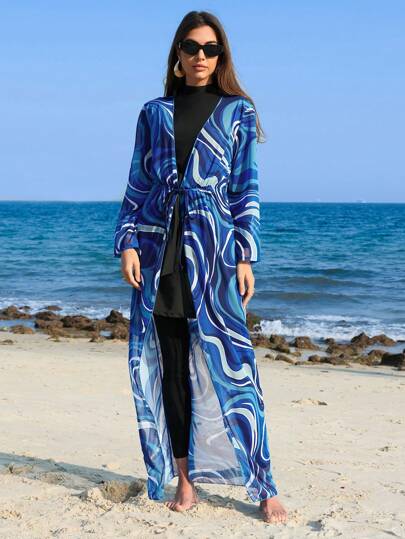 Swim Shayni فستان تونيك للنساء للاستخدام على الشاطئ مطبوع بطراز موجة زرقاء عشوائية