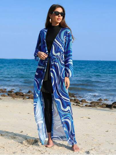 Swim Shayni فستان تونيك للنساء للاستخدام على الشاطئ مطبوع بطراز موجة زرقاء عشوائية