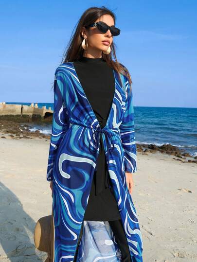 Swim Shayni فستان تونيك للنساء للاستخدام على الشاطئ مطبوع بطراز موجة زرقاء عشوائية