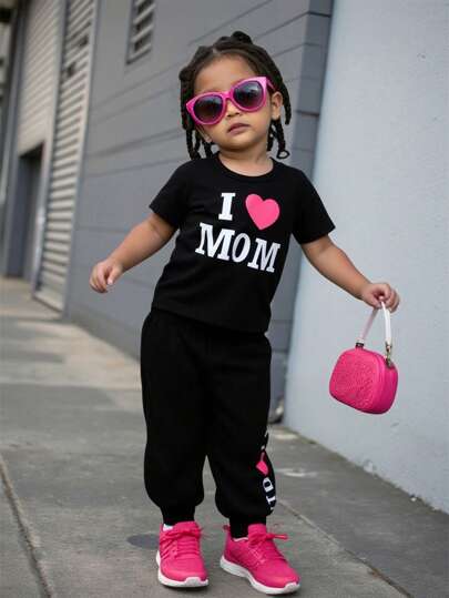 SHEIN طقم ملابس رياضية كاجوال للأطفال الرضع البنات والأولاد، يتكون من تي شيرت أسود بأكمام قصيرة مطبوع عليه