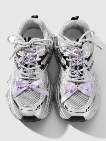 ROMWE Kawaii 4قطع/مجموعة مشابك أحذية من الراتينج بشكل زهور أنيقة، وقلب، وفيونكة، سلسلة فضية متعددة الاستخدامات للديكور للبنات/النساء، للاستخدام اليومي وكهدية للمناسبات