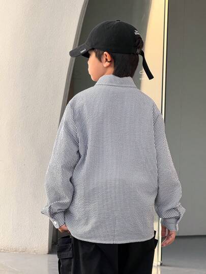 قميص بأكمام طويلة منقوش مناسب للفتيان المراهقين للاستخدام اليومي، متعدد الاستخدامات مناسب للتنقل والمدرسة والنشاطات اليومية والرياضة في الربيع والصيف