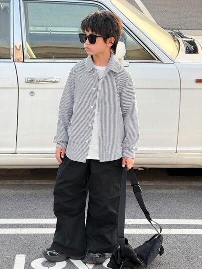 قميص بأكمام طويلة منقوش مناسب للفتيان المراهقين للاستخدام اليومي، متعدد الاستخدامات مناسب للتنقل والمدرسة والنشاطات اليومية والرياضة في الربيع والصيف