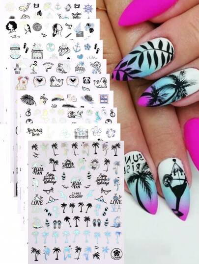 9 ملصقات أظافر صيفية على شكل شجرة جوز الهند، شجرة نخيل استوائية، طائر الفلامنجو، تصميم ليزر أسود، أوراق الشجر، شاطئ المحيط، ملصقات أظافر صيفية، زينة سحرية ذاتية اللصق، لوازم أظافر ذاتية اللصق