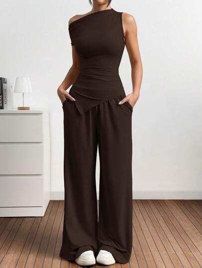 EZwear 2 قطعة/مجموعة نساء موحد اللون أكمام قطن للكتف مكشوفة وبناطيل طويلة مجموعة بلياقة عالية، للصيف