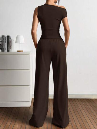 EZwear 2 قطعة/مجموعة نساء موحد اللون أكمام قطن للكتف مكشوفة وبناطيل طويلة مجموعة بلياقة عالية، للصيف