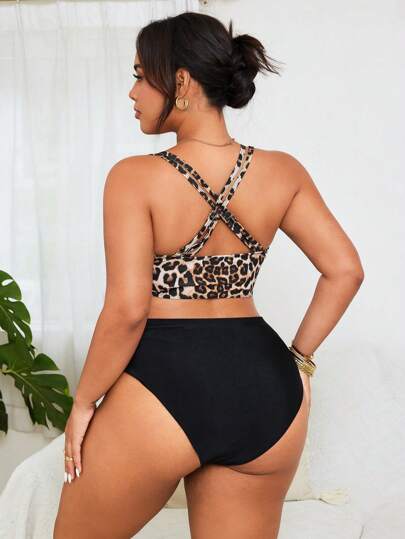 Swim Lushoire مجموعة بكيني وشورت المرأة ذات الحجم الكبير من قماش النمر عشوائي النمط بدون أكمام، مجموعتان قطعتان للشاطئ والمسبح والرحلات