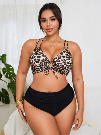 Swim Lushoire مجموعة بكيني وشورت المرأة ذات الحجم الكبير من قماش النمر عشوائي النمط بدون أكمام، مجموعتان قطعتان للشاطئ والمسبح والرحلات