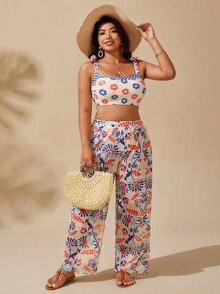 Swim Lushoire طقم للمرأة البدينة 3 قطع: ملابس علوية خصر مطبوعة بأوراق مع فيونكة، سروال قصير مطبوع عالي الخصر، وبنطال سيمي شفاف مطبوع بأوراق، ملابس سباحة، ملابس رياضية كاجوال عصرية، مجموعة بكيني مُصممة بأناقة