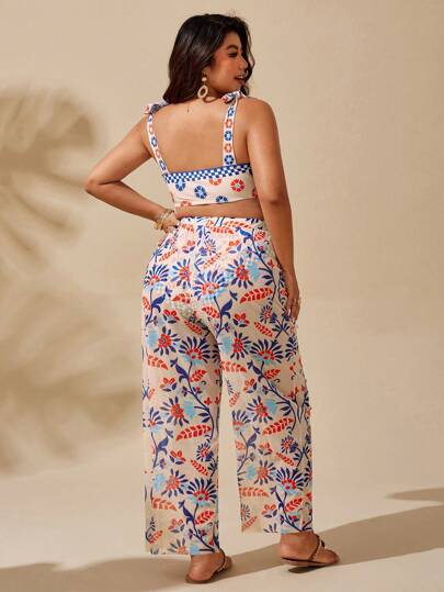 Swim Lushoire طقم للمرأة البدينة 3 قطع: ملابس علوية خصر مطبوعة بأوراق مع فيونكة، سروال قصير مطبوع عالي الخصر، وبنطال سيمي شفاف مطبوع بأوراق، ملابس سباحة، ملابس رياضية كاجوال عصرية، مجموعة بكيني مُصممة بأناقة