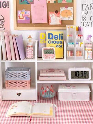 قطعة واحدة لوح مكتب مكون من البامبو الأبيض، رف تخزين لغرفة النوم والمعيشة والمكتب وطاولة المكياج والرف الكتب والسكن الطلابي لحفظ الأقلام والبطاريات والشريط واللعب والكتب والكؤوس والمستحضرات والعناصر الأخرى للمكتب