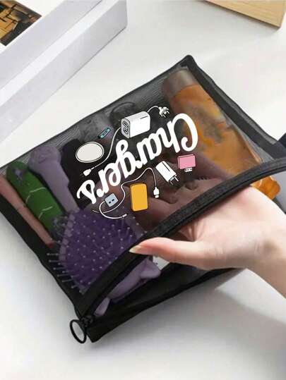 حقيبة شبكية ملونة مطبوع عليها تصميم إبداعي لسلك الشحن، حقيبة تخزين كابلات البيانات وكبلات الشحن، مغلقة بسحاب لمنع الإسقاط، خفيفة الوزن، سعة كبيرة، متعددة الاستخدامات - يمكن أن تحتوي على سماعات الرأس وبنك الطاقة