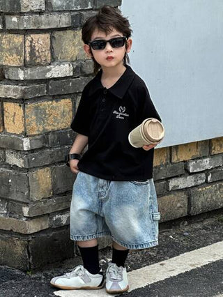 DAZY قميص بولو كم قصير بطباعة أحرف للأطفال الصغار، صيفي