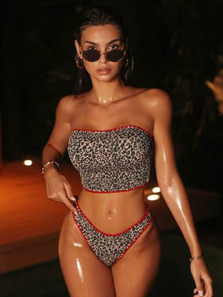 طقم تانكيني حريمي Glamine طقم بيكيني ثلاثي القطع للنساء، طبعة جلد النمر، أشرطة سباغيتي وأشرطة قابلة للإزالة، قص عالي مع حافة متدلية، كاميسول صيفي لشاطئ البحر