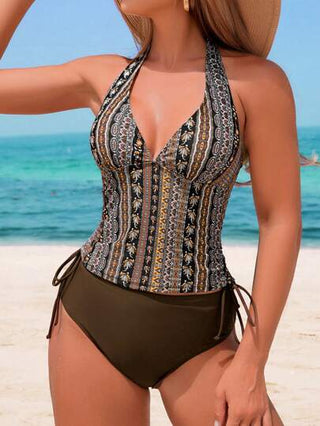 طقم تانكيني حريمي Swim Lushoire مجموعة من قطعتين من ملابس السباحة للنساء، طقم بيكيني بسحاب جانبي وخطوط مطبوعة كلاسيكية، بحمالات رفيعة وظهر سباق