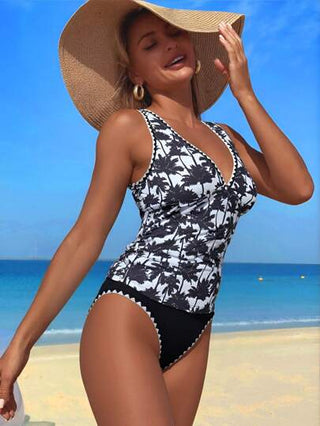 طقم تانكيني حريمي Swim Lushoire مجموعة بيكيني قصيرة الأكمام بنمط شجرة جوز الهند، تنورة ضيقة سوداء مقصبة الجوانب مزينة بأصداف البحر, وحماله سباغيتي معزز، مظهر ناضج