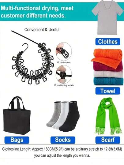 1 حبل غسيل محمول للسفر، حبل غسيل قابل للسحب وقابل للتعديل مع مشابك غسيل، مناسب للسفر والفنادق والخارج والسكن الجامعي والشرفة، لتعليق الغسيل داخليًا دون الحاجة للتثقيب