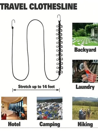 1 حبل غسيل محمول للسفر، حبل غسيل قابل للسحب وقابل للتعديل مع مشابك غسيل، مناسب للسفر والفنادق والخارج والسكن الجامعي والشرفة، لتعليق الغسيل داخليًا دون الحاجة للتثقيب