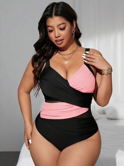 Swim SXY بدلة سباحة واحدة قطعة لسيدات البدناء بتصميم الطباعة والشبك ملائمة وذات لونين، للصيف والعطلة الشاطئية