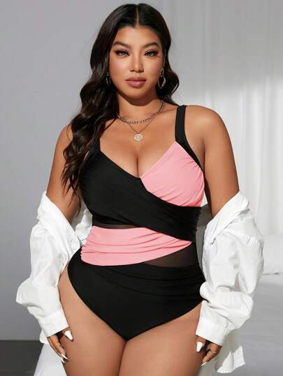 Swim SXY بدلة سباحة واحدة قطعة لسيدات البدناء بتصميم الطباعة والشبك ملائمة وذات لونين، للصيف والعطلة الشاطئية