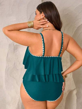 Swim Lushoire مجموعتان من ملابس علوية نسائي مقاس كبير أشرطة سباغيتي أخضر الحاشية مجعدة مزدوجة مع بنطال خصر مرتفع ذو طية مطوية، للعطلات الشاطئية في الصيف