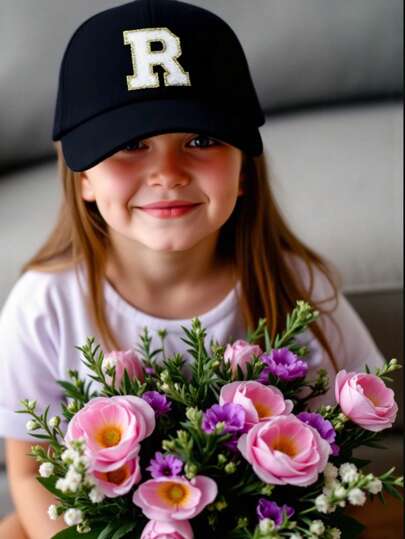 قبعة بيسبول للأطفال قطعة واحدة باللون الأسود مطرزة بخيوط ذهبية على شكل الأحرف ال-26، تصميم حرف R، أسلوب الموضة كيبوب، قبعة سناب باك لحماية الشمس للبنات والأولاد