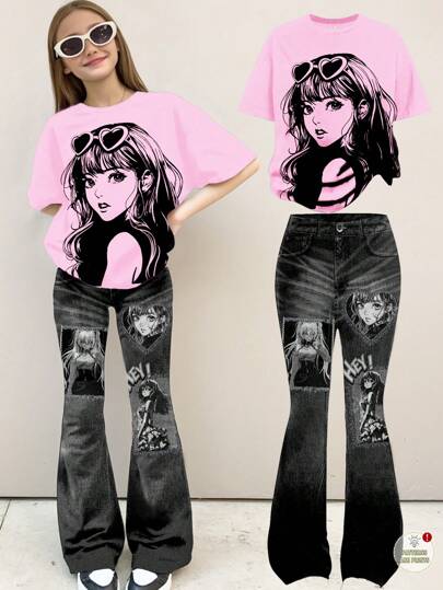 تيشيرتات بناتي مجموعة قطعتين ملابس علوية أكمام قصيرة وبنطلون عصري بسيط مناسب للفتيات المراهقات خلال الصيف