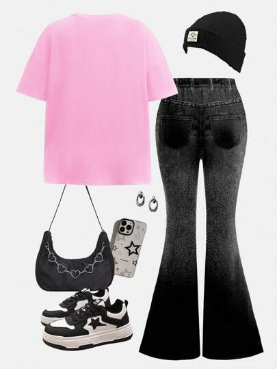 تيشيرتات بناتي مجموعة قطعتين ملابس علوية أكمام قصيرة وبنطلون عصري بسيط مناسب للفتيات المراهقات خلال الصيف