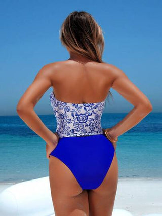 طقم تانكيني حريمي Swim Lushoire مجموعة بكيني للشاطئ مكونة من قطعة واحدة بنمط مزهري عشوائي بدون أشرطة مع كشكشة وفيونكة على القطعة العلوية ، وقطعة سفلية مثلثة بلون سادة ،لعطلة على الشاطئ