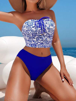 طقم تانكيني حريمي Swim Lushoire مجموعة بكيني للشاطئ مكونة من قطعة واحدة بنمط مزهري عشوائي بدون أشرطة مع كشكشة وفيونكة على القطعة العلوية ، وقطعة سفلية مثلثة بلون سادة ،لعطلة على الشاطئ