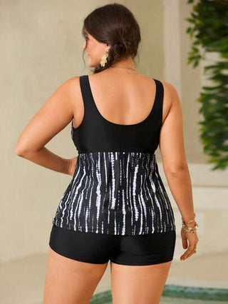 SHEIN Swim Curve ملابس سباحة تانكيني بياقة مستديرة وألوان متباينة بدون أكمام، موديل أنيق للمقاسات الكبيرة، صيفي