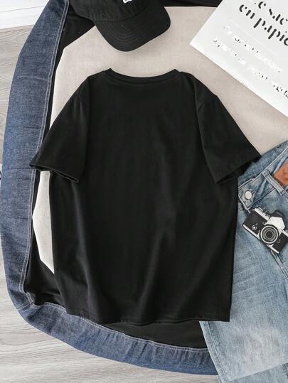 LOONEY TUNES X SHEIN قميص تي شيرت أسود أكمام قصيرة بطبعة كرتونية لغير البالغين، مريح للارتداء في الصيف