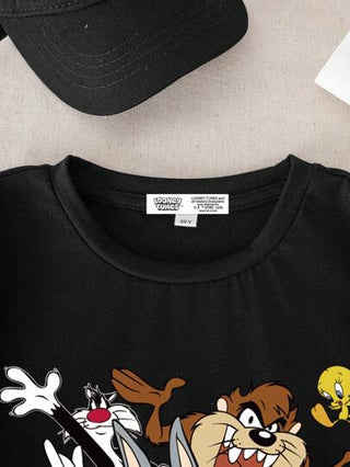 LOONEY TUNES X SHEIN قميص تي شيرت أسود أكمام قصيرة بطبعة كرتونية لغير البالغين، مريح للارتداء في الصيف