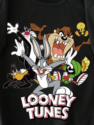 LOONEY TUNES X SHEIN قميص تي شيرت أسود أكمام قصيرة بطبعة كرتونية لغير البالغين، مريح للارتداء في الصيف
