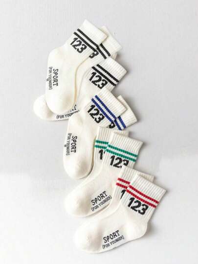 4 أزواج جوارب أطفال مطبوعة بأرقام وأحرف وخطوط، مناسبة للأولاد والبنات، تصلح للاستخدام اليومي الكاجوال الجنسين