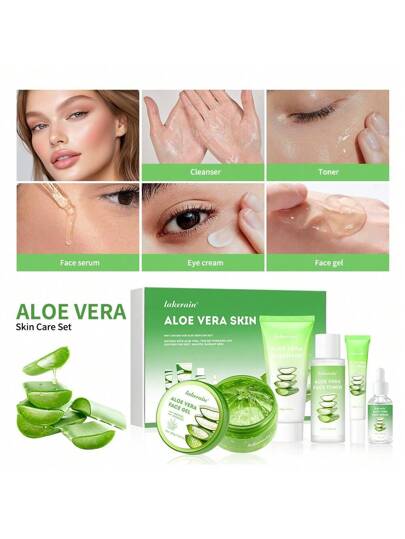 lakerain مجموعة العناية بالبشرة بالصبار والتي تتكون من منظف الوجه ، المتسخ ، الجوهر ، كريم العين ، جل الصبار وبلسم الشفاه. صيغة لطيفة ، ترطيب عميق ، يجعل البشرة ناعمة ومغذية