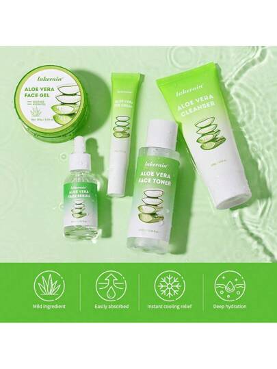 lakerain مجموعة العناية بالبشرة بالصبار والتي تتكون من منظف الوجه ، المتسخ ، الجوهر ، كريم العين ، جل الصبار وبلسم الشفاه. صيغة لطيفة ، ترطيب عميق ، يجعل البشرة ناعمة ومغذية