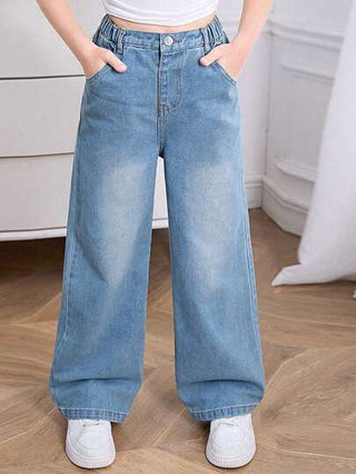 تيشيرتات بناتي جينز بناتي غسول بساق واسعة مريحة مع تصميم جيب خلفي مطرز، مناسب للارتداء اليومي، بسيط وعصري