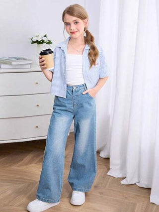 تيشيرتات بناتي جينز بناتي غسول بساق واسعة مريحة مع تصميم جيب خلفي مطرز، مناسب للارتداء اليومي، بسيط وعصري